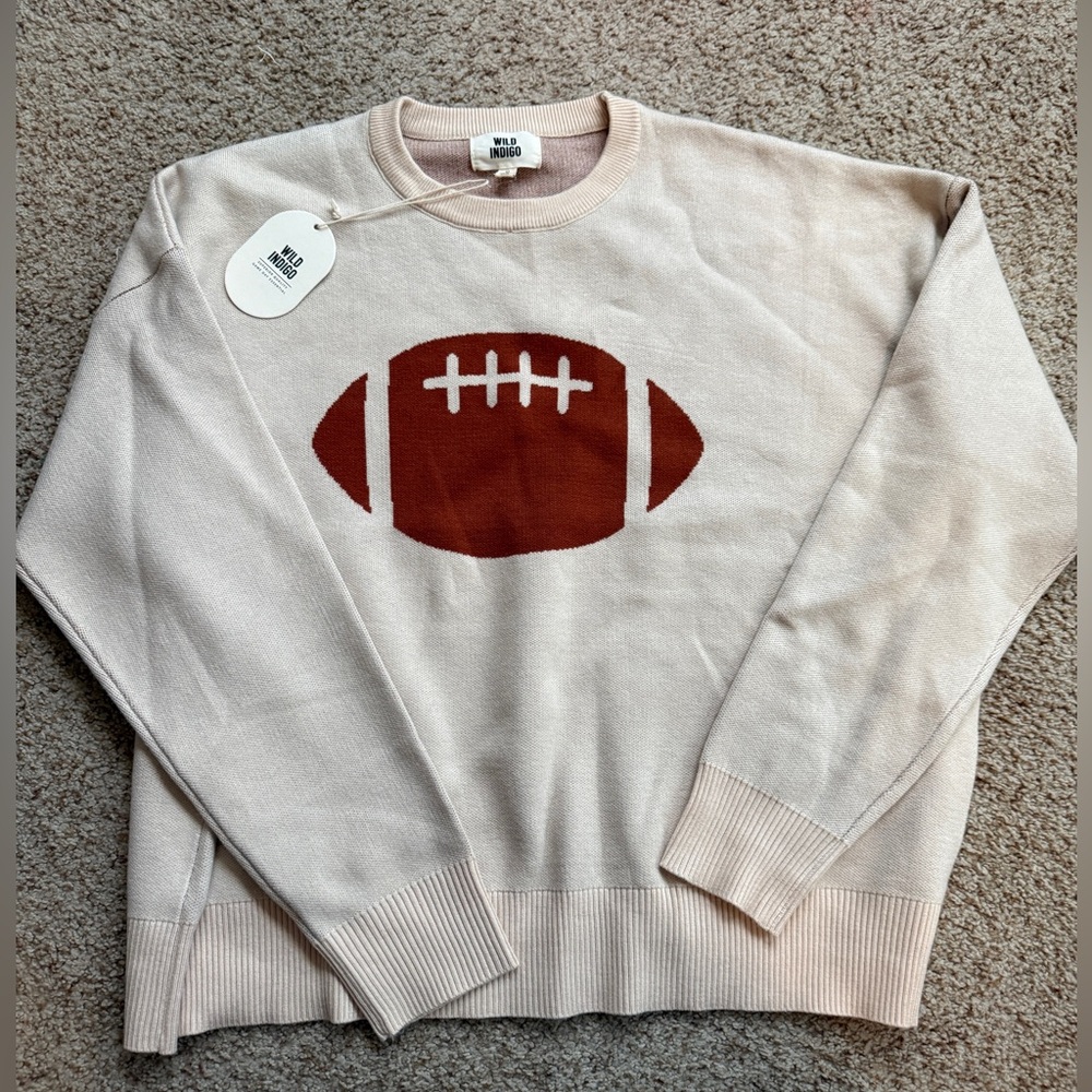 Wild Indigo Football Graphic Sweater in Cream and Brown - NWT Medium